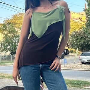Y2K Green and Brown Asymmetrical Women's Top
